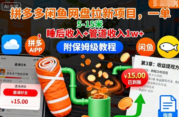 拼多多闲鱼网盘拉新项目,一单5-15米,睡后收入+管道收入1w+(附保姆级教程)|宝藏资源网