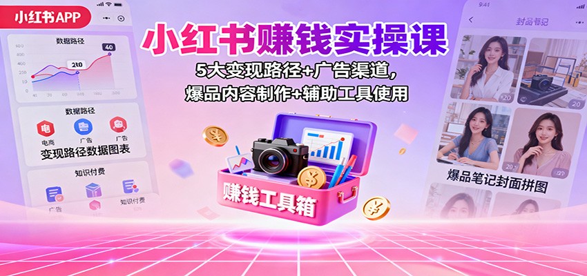 小红书赚钱实操课：5大变现路径+广告渠道，爆品内容制作+辅助工具使用|宝藏资源网