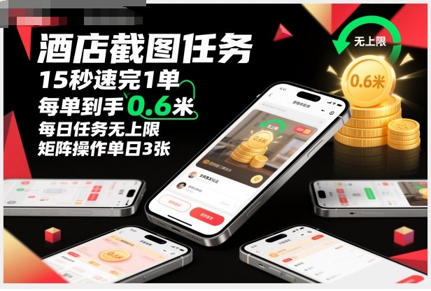 酒店截图任务，15秒速完1单，每单到手0.6米，每日任务无上限，全网首发玩法，矩阵操作单日3张【揭秘】|宝藏资源网
