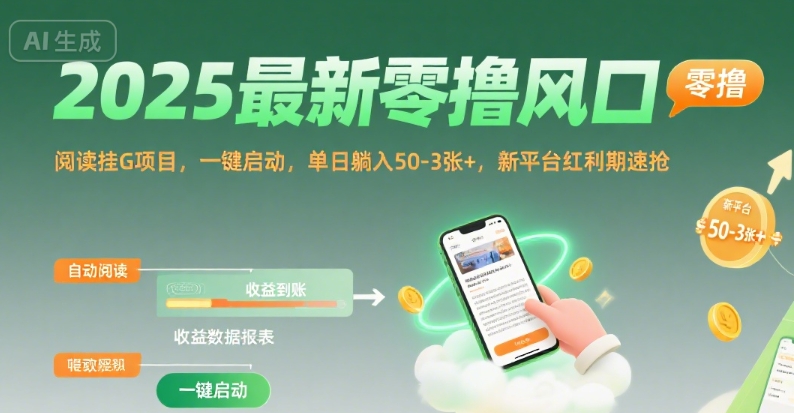 2025最新零撸风口，阅读挂G项目，一键启动，单日躺入 50-3张+，新平台红利期速抢【揭秘】|宝藏资源网