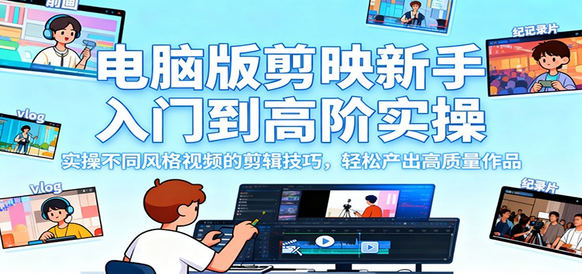 电脑版剪映新手入门到高阶实操，实操不同风格视频的剪辑技巧，轻松产出高质量作品|宝藏资源网