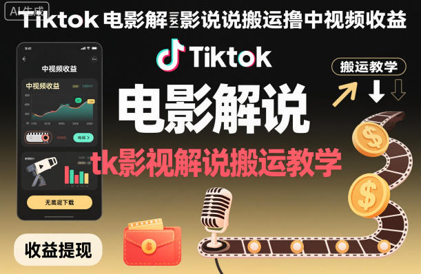 Tiktok电影解说搬运撸中视频收益，tk影视解说搬运教学|宝藏资源网