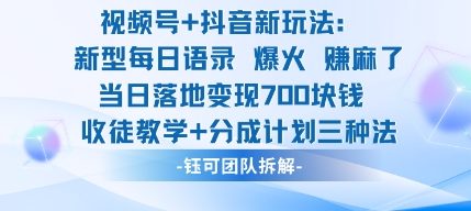 视频号加抖音新玩法:爆火新型每日语录,收徒教学加分成计划,三种变现玩法,当日变现7张|宝藏资源网