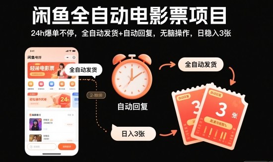 闲鱼全自动电影票项目，24h爆单不停，全自动发货+自动回复，无脑操作，日稳入3张【揭秘】|宝藏资源网