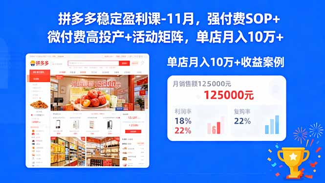 拼多多稳定盈利课-11月，强付费SOP+微付费高投产+活动矩阵，单店月入10万+|宝藏资源网