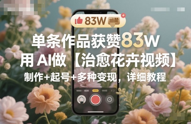 单条作品获赞83W，用AI做【治愈花卉视频】，制作+起号+多种变现，详细教程|宝藏资源网