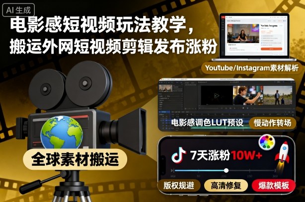 电影感短视频玩法教学，搬运外网短视频剪辑发布涨粉|宝藏资源网