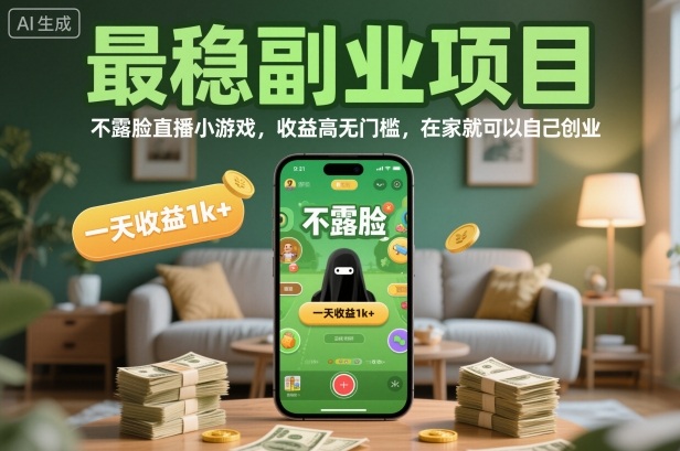 最稳副业项目，不露脸直播小游戏，收益高无门槛，一天收益1k+，在家就可以自己创业【揭秘】|宝藏资源网