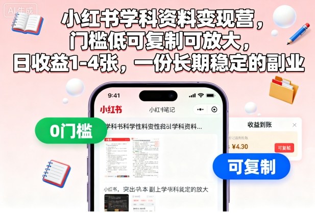 小红书学科资料变现营,门槛低可复制可放大,日收益1-4张,一份长期稳定的副业|宝藏资源网