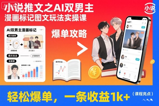 小说推文之AI双男主漫画标记图文玩法实操课，轻松爆单，一条收益1k+|宝藏资源网