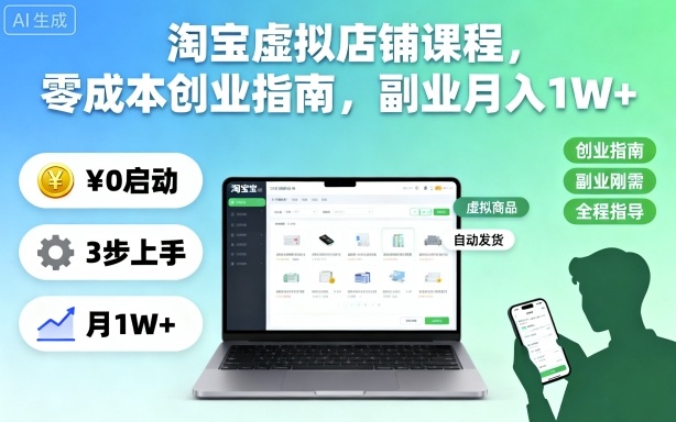 淘宝虚拟店铺课程，零成本创业指南，副业月入1W+|宝藏资源网