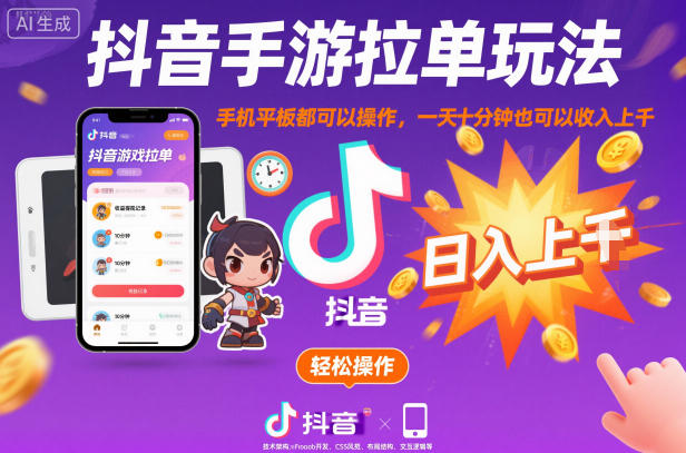 抖音手游拉单玩法，手机平板都可以操作，一天十分钟也可以收入上K【揭秘】|宝藏资源网